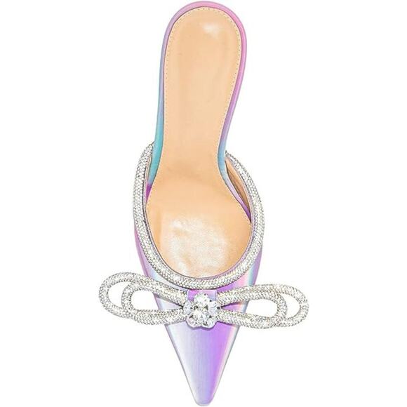 Women High Heeled Mules Crystal Rhinestones Double Bow Sandal Pointed Toe Summer - Picture 4 of 9